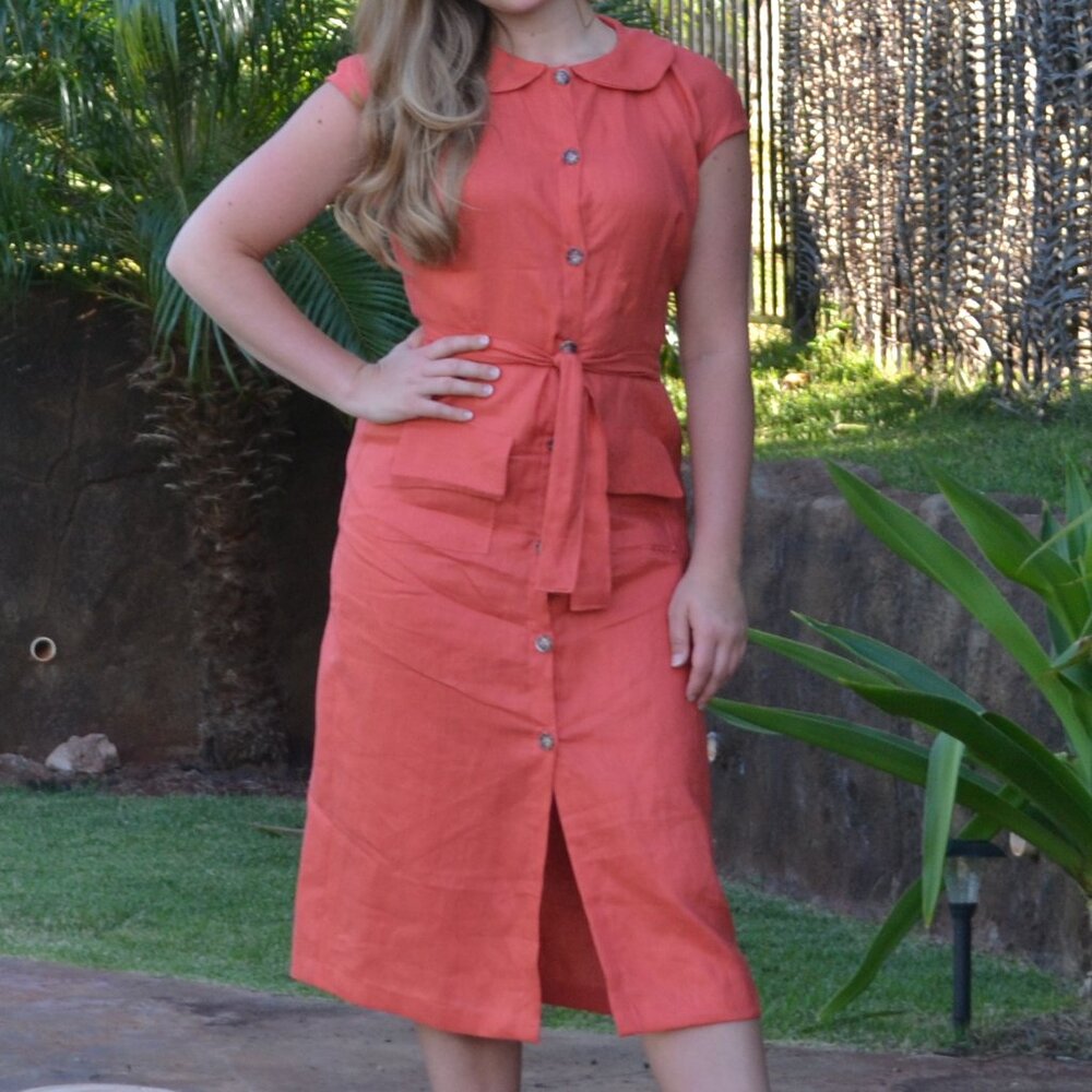Coral Linen Dress, Handmade, M, Inspired by Grace Kelly!